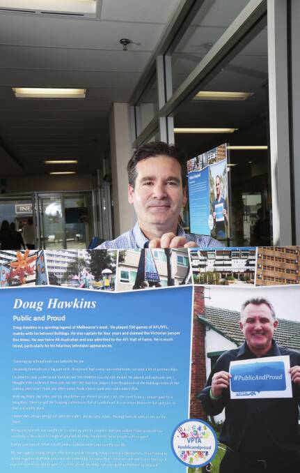 Standing tall: VPTA spokesperson Raoul Wainwright with the profile of Doug Hawkins at the Ballarat state government offices. Picture: Luka Kauzlaric