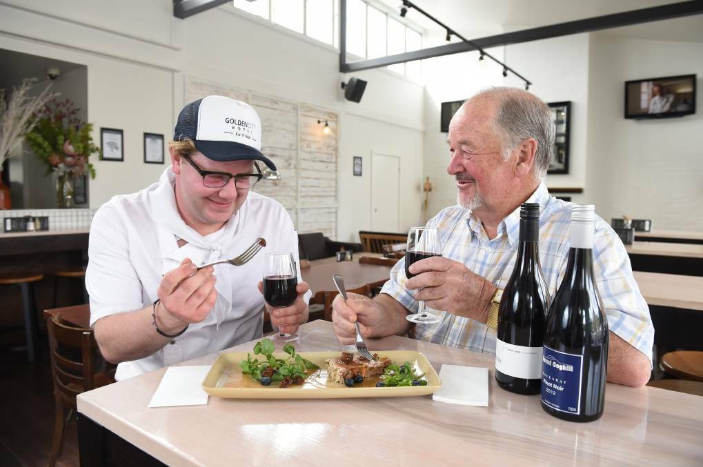 PERFECT MATCH: Golden City chef Sean Driscoll and Keith Wightwick of Ballarat and District Vignerons Association preview the Duck and Pinot menu. Picture: Lachlan Bence.