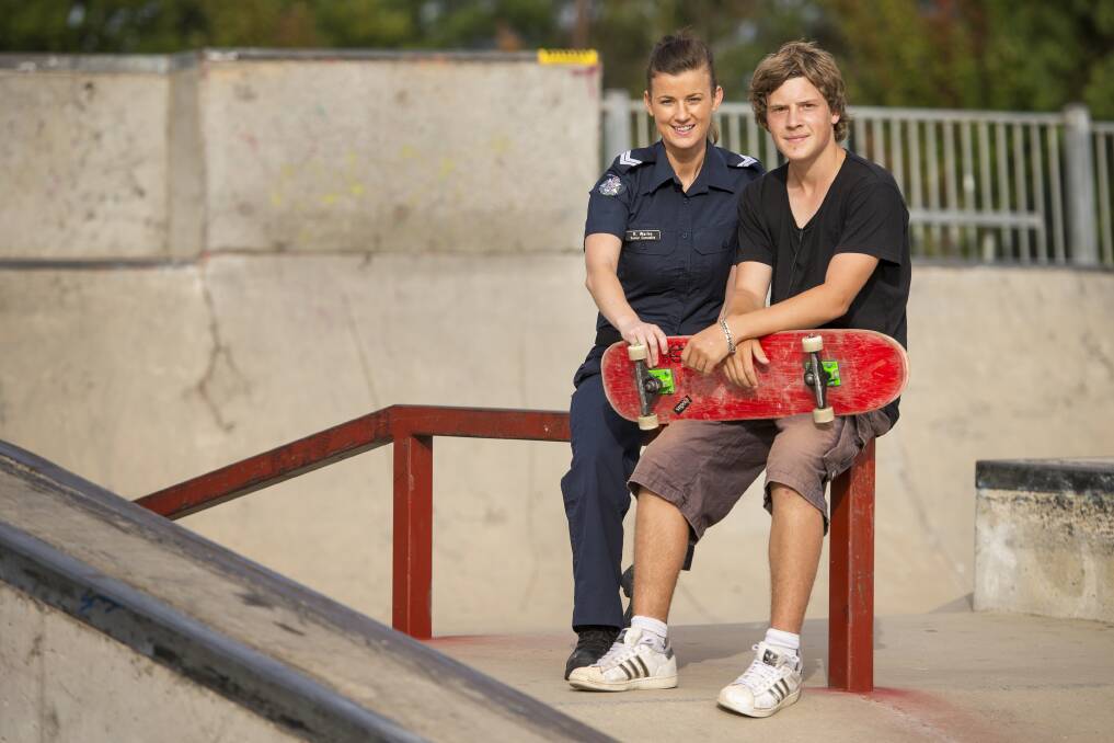 ENGAGING YOUTHS: Ballarat Senior Constable Beck Warke talks with local skateboarder Cody Gould, 17. Picture: Dylan Burns.