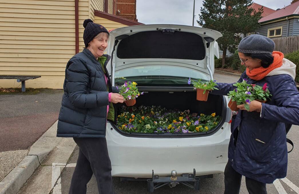 COLOUR: Ballarat Regional Multicultural Council Senior Services team staff Helen Bennetts and Natalie Athayde delivered plants to elderly clients as an isolation activity. Picture: Teresa Azzopardi