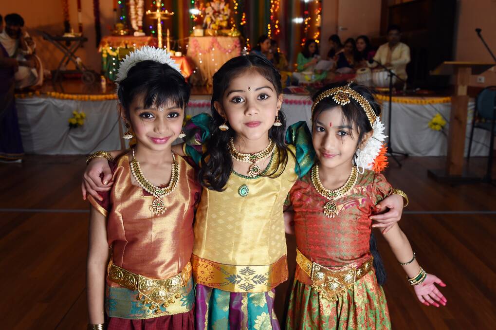DANCE: Jaan Ravi Lokan, 5, Ankita Hari, 6, and Maanvi Konduru, 4 perform a traditional Indian dance at the Ballarat Hindu Temple and Cultural Centre Ganesh Chaturthi Festival celebrations. Picture: Kate Healy 