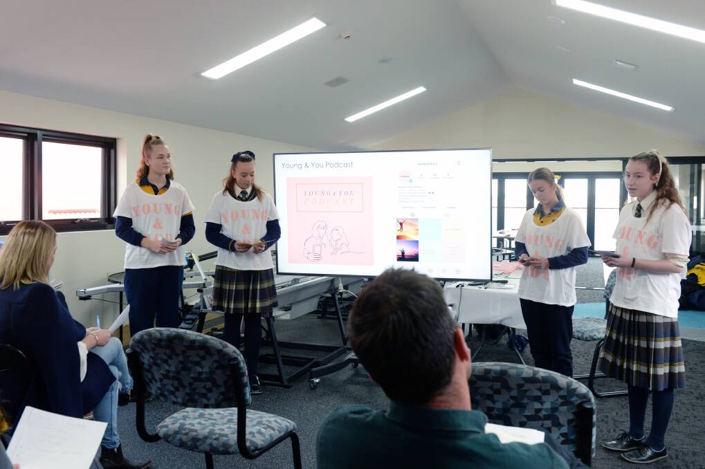 LEADERSHIP: Year 9 Ballarat Grammar students Lily, Tess, Oppy and Anastasia pitch their idea. 
