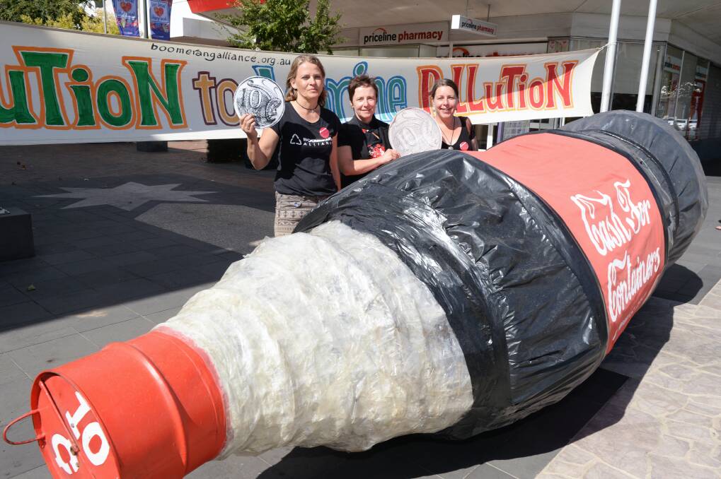 CASH FOR CONATINERS: Boomerang Alliance's Annett Finger, City of Ballarat councillor Belinda Coates and No Waste Ballarat member Nicole Elliott in Ballarat in April for the Big Bottle Tour campaign. Picture: Kate Healy 
