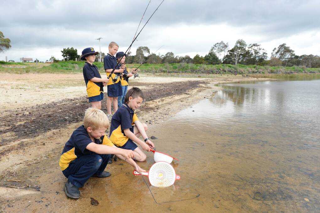 ENGAGED: Grade one and two Beaufort Primary School pupils Blake, Lincon, Max, Macklin and Reece enjoy fishing and yabbying at Beaufort Lake as part of the term four clubs program. They are hoping for a big catch. Picture: Kate Healy