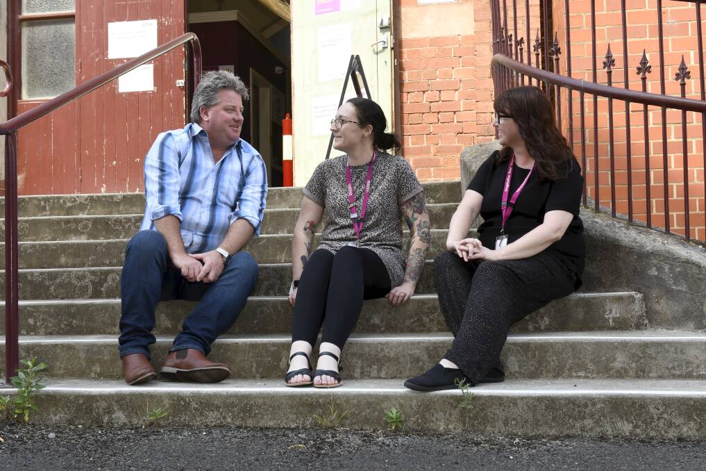 HELP: Uniting Ballarat acting coordinator housing and homelessness Adam Liversage with entry point workers Alison and Sharron. Picture: Lachlan Bence 