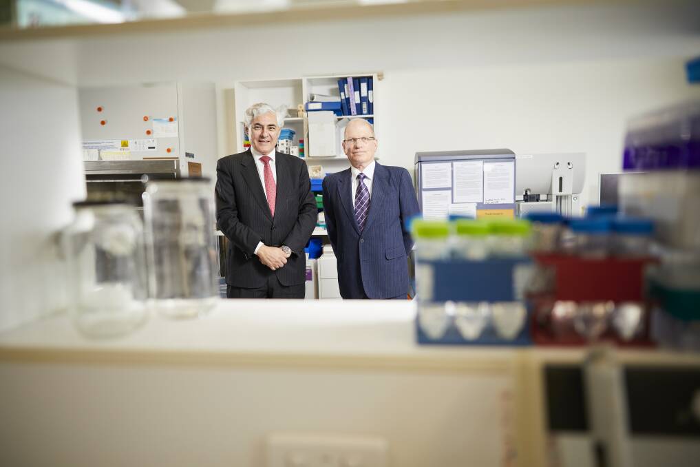 RESEARCH: Professor George Kannourakis and philanthropist John Turner at the Fiona Elsey Cancer Research Institute (FECRI) Ballarat in 2017. Picture: Luka Kauzlaric