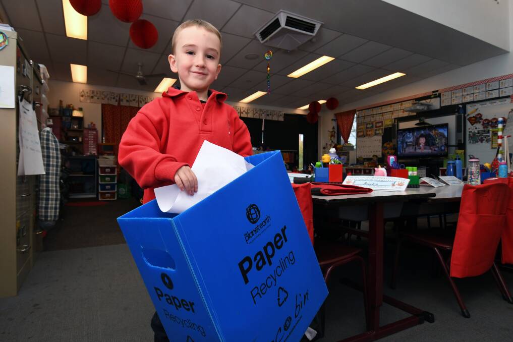 SMART WASTE: Foundation (prep) pupil Tom explains recycling and compost bins are placed in every classroom starting from prep. Picture: Kate Healy 
