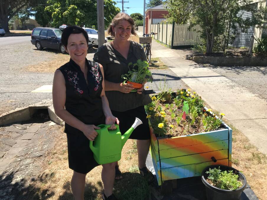 NATURE STRIP GARDEN: City of Ballarat councillor Belinda Coates and Food is Free director Lou Ridsdale maintain Food is Free's new veggie verge. Picture: Rochelle Kirkham 