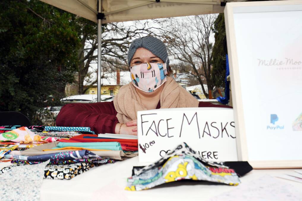 FACE MASKS: Tahlia Horsburgh from Millie Moo Designs sold face masks at the Creswick Market on Saturday. Picture: Kate Healy 