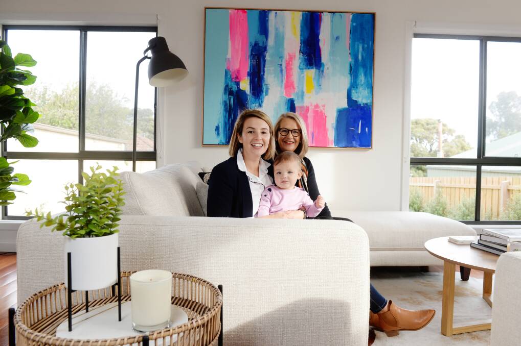 MOTHER DAUGHTER BUSINESS: Phoebe Croucher, Tilly Croucher, 10 months old, and Jane Livingston are thriving in business together as property stylists. Picture: Kate Healy 