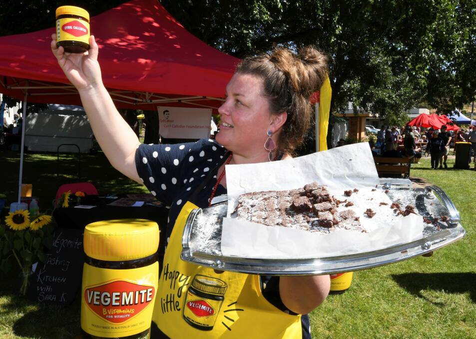 AN AUSSIE FAVOURITE: Sara Kittelty made Vegemite chocolate brownies for the Vegemite Tasting Kitchen at the Beaufort Town Market on Saturday. Pictures: Lachlan Bence 