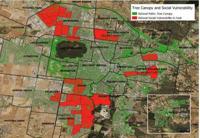 A map comparing areas of social vulnerability to heat and public tree canopy cover across Ballarat featured in the draft Urban Forest Action Plan. Picture: City of Ballarat