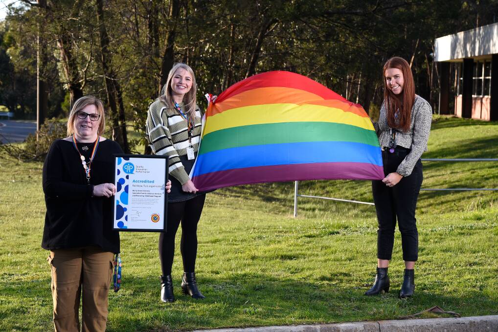A BIG TICK: Denise Sheridan, Rylee McGannon and Courtney Sands from Berry Street have worked to improve inclusivity. Picture: Adam Trafford 