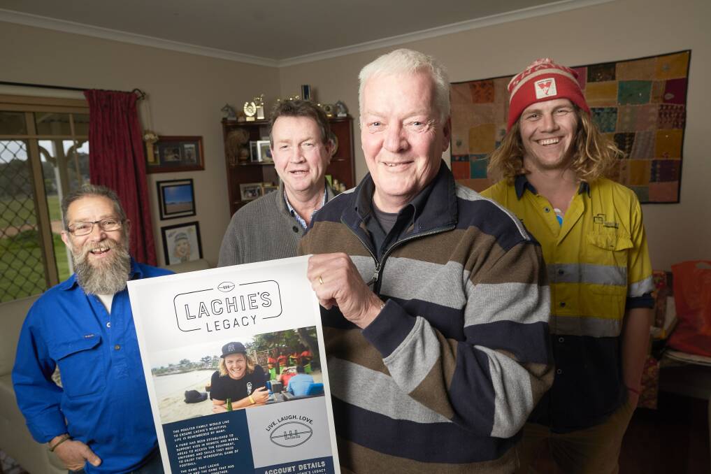 Lachie's Legacy administrator Laurie Hurwitz, Dunnstown Football CLub president Shane Murphy, Steve Poulter and Tom Poulter. Picture: Luka Kauzlaric