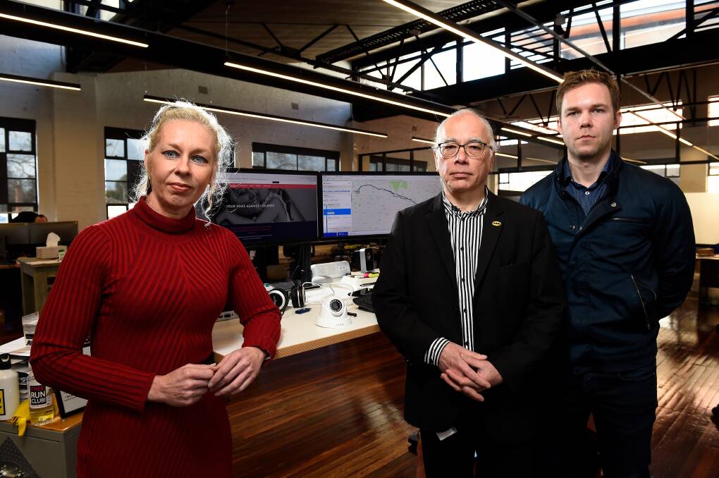 TECH SAVVY: Family violence researcher Elisa Zentveld, Lateral Plains director George Fong and Ballarat iPhones business owner David Mulraney. Picture: Adam Trafford 