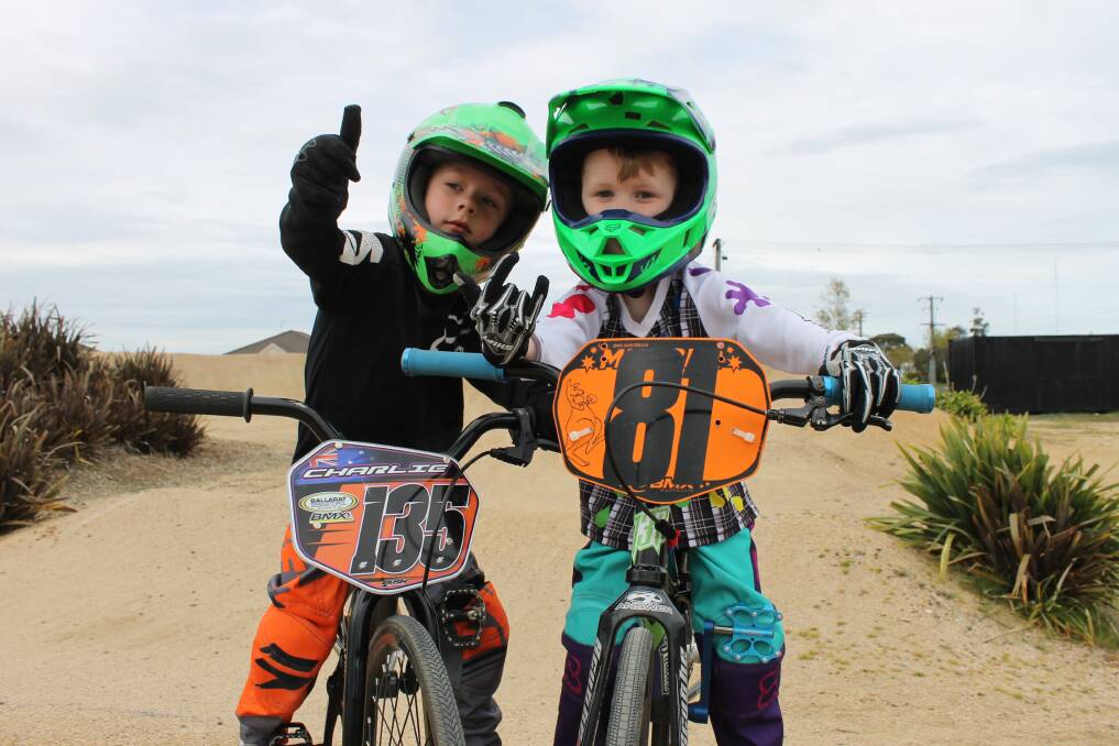 BRAVE RIDERS: Ballarat Sebastopol BMX Club members Charlie Kalm, 5 and Eli Moss, 5 ride at the track on their school holidays. Picture: Rochelle Kirkham 