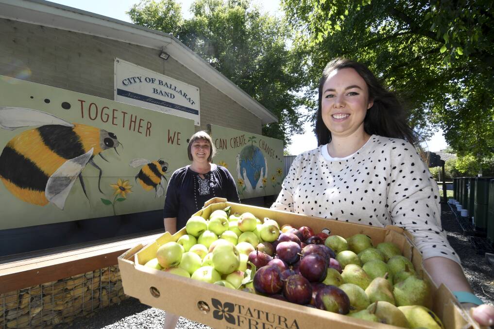 GIVING: The Hidden Orchard president Ellen Burns delivers a box of freshly picked fruit to Food is Free director Lou Ridsdale. Picture: Lachlan Bence 