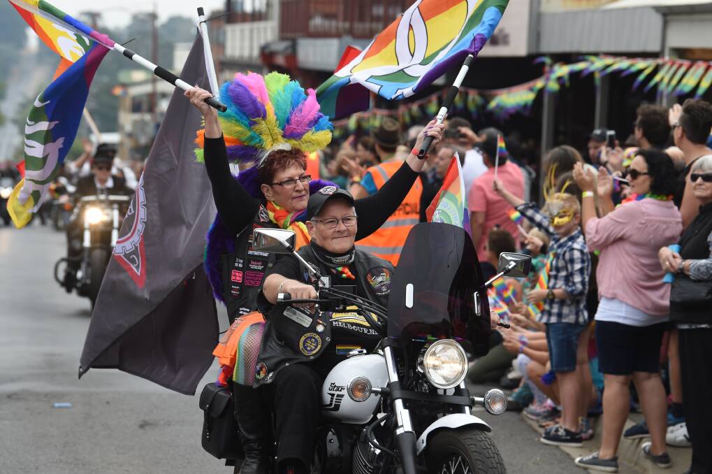 PARADE FUN: Fay Andrews and TJ, from Melbourne, in the 2019 ChillOut Festival parade. Picture: Kate Healy 