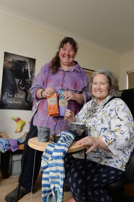 CREATIVES: Janine Wilson and Leanne Wills are the faces behind The Odd Sockery, a new Clunes business making socks on a hand cranked machine. Pictures: Kate Healy 