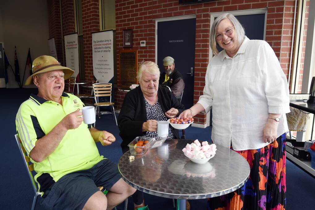 CONNECTION: Karlo Zimmermann, Bobby Moudra and volunteer Lesley Hannah enjoy a cuppa together at Salvation Army Ballarat Community Church's program Coffee Talk. Picture: Kate Healy 