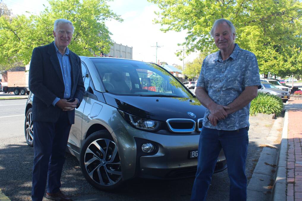 ELECTRIC: Steve Higgs drove his electric car to Buninyong to meet with Australian Electric Vehicle Association Ballarat chair Steve Carter. Pictures: Rochelle Kirkham 