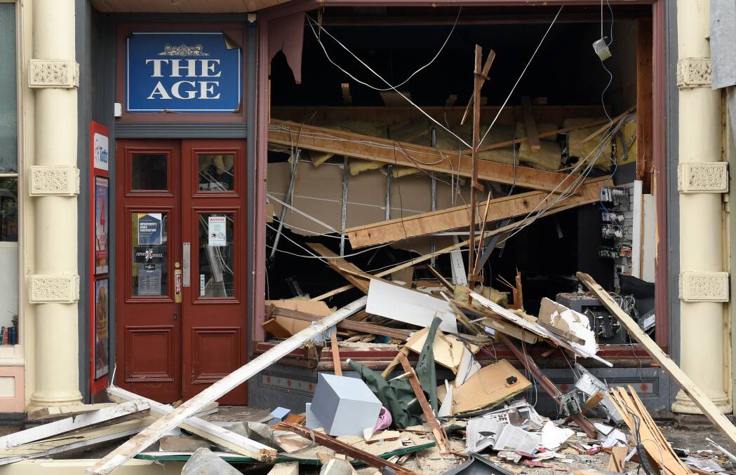 HISTORIC FACADE: The damage done to the Clunes Newsagency after Grant Nalder and Martin Locandro ripped out an ATM. 