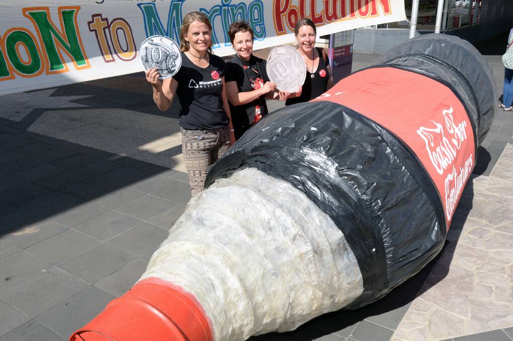 BOTTLE SCHEME: Boomerang Alliance's Annett Finger, City of Ballarat councillor Belinda Coates and No Waste Ballarat representative Nicole Elliott campaigned for a container bottle scheme last year. Picture: Kate Healy 