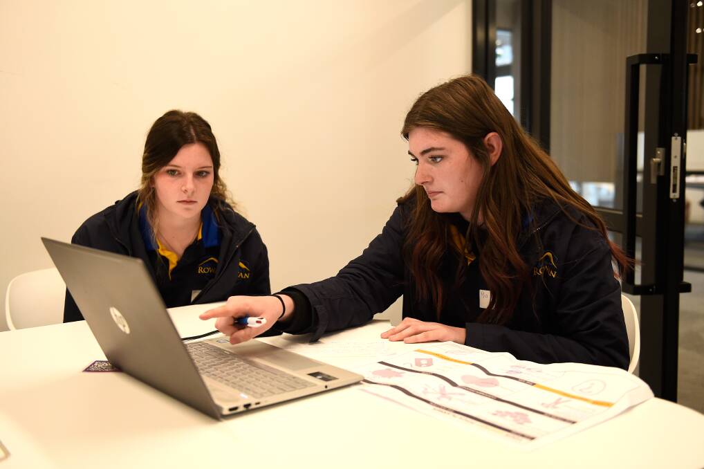 COLLABORATE: Mount Rowan Secondary College students Mia Flynn and Zari Collins work on refining their pitch. 