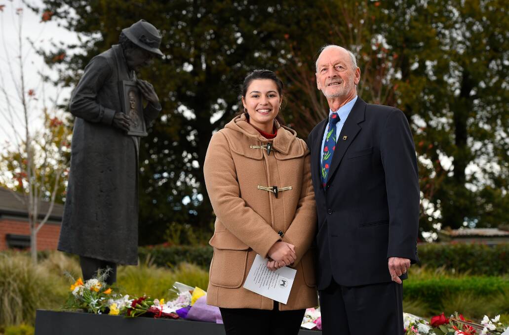 COMMEMORATE: Year 12 Loreto College student and guest speaker Isobelle De Livera with Avenue of Honour/ Arch of Victory committee president Garry Snowden at the Statue of the Grieving Mother. Pictures: Adam Trafford
