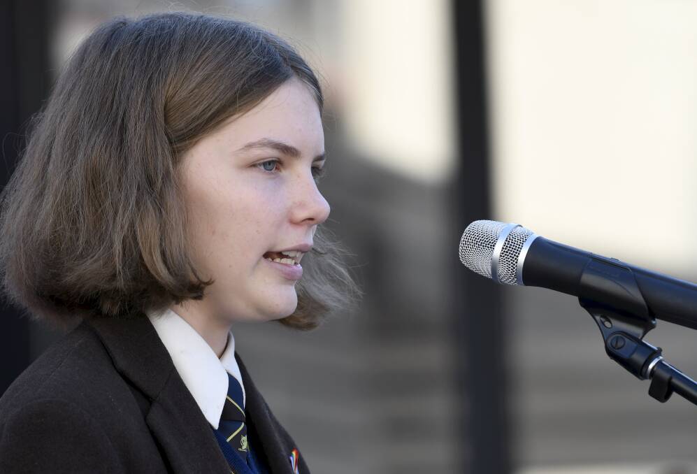 Ballarat Grammar student Penny Young speaking at Alfred Deakin Place. 