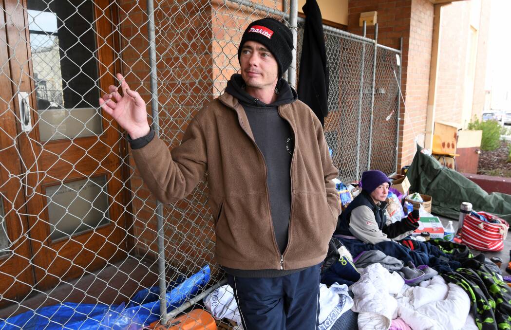HOME: Ben was sleeping on the outside Civic Hall with a group of friends last week. He was one of many braving Ballarat's winter without a home. Picture: Lachlan Bence 