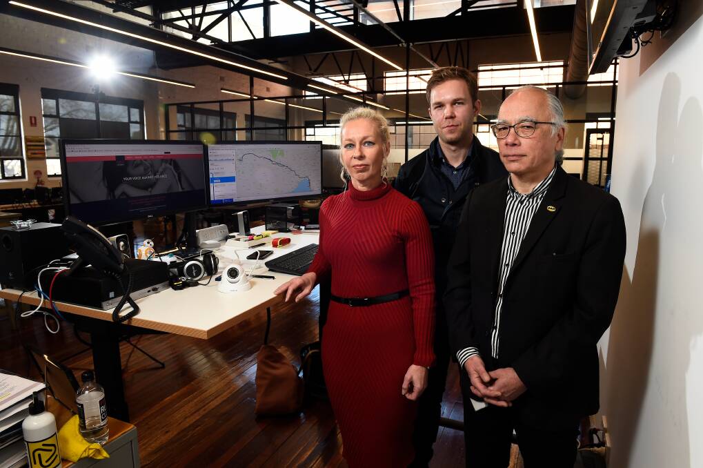  TECH SAVVY: Family violence researcher Elisa Zentveld, Lateral Plains director George Fong and Ballarat iPhones business owner David Mulraney. Picture: Adam Trafford 
