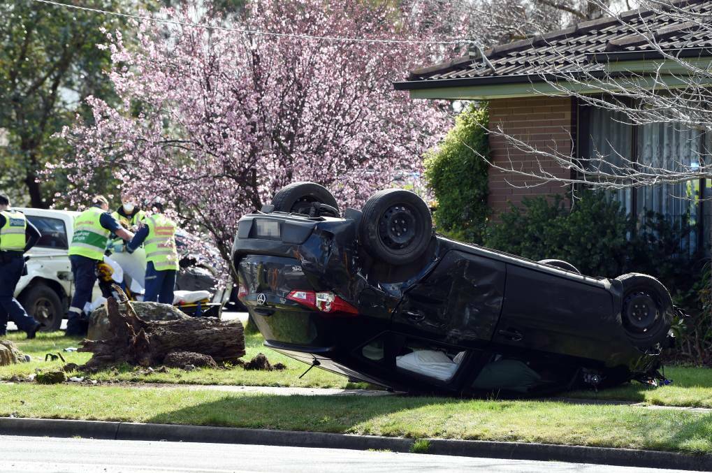  COLLISION: A black hatchback came to a rest on its roof after a crash at the intersection of Grant and Morgan Streets in Sebastopol on August 16. Picture: Kate Healy
