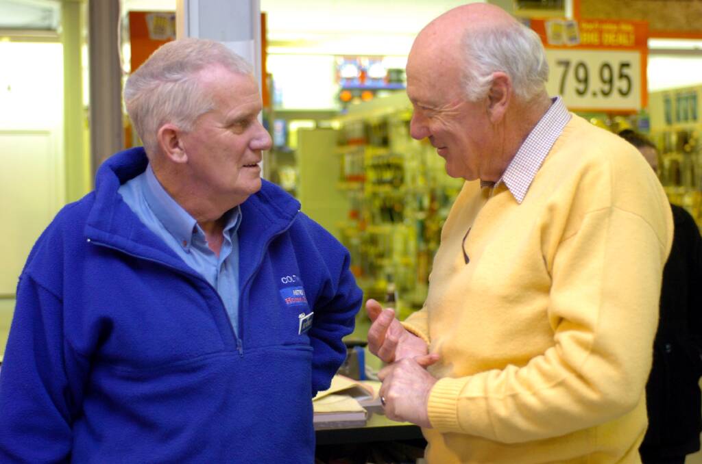Long-time Coltman Mitre 10 employee Arthur Quaife and Barrie Coltman when Coltman Mitre 10 was closing down. 