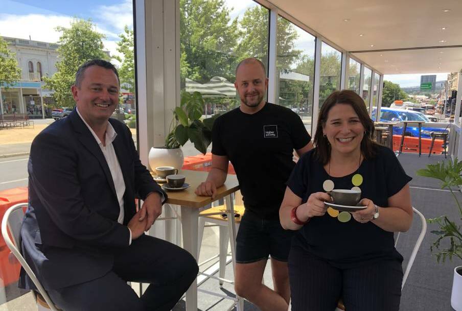 DINE OUT: Mayor Daniel Moloney, Higher Society owner Rhys Jeffrey and Wendouree MP Juliana Addison in the new Sturt Street outdoor dining pod in January. Picture: Greg Gliddon
