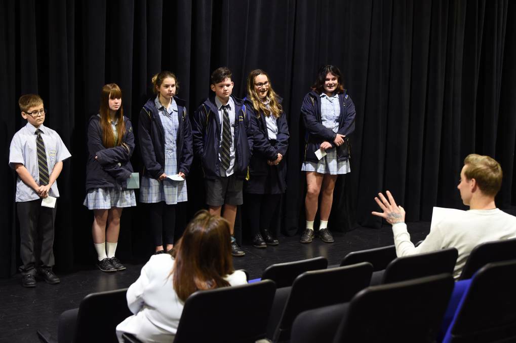 PITCH DAY: Mount Rowan Secondary College students Alex, Chloe, Gisele, Riley, Ada and Sienna receive feedback from Headspace's Andy Penny last year. Picture: Kate Healy

