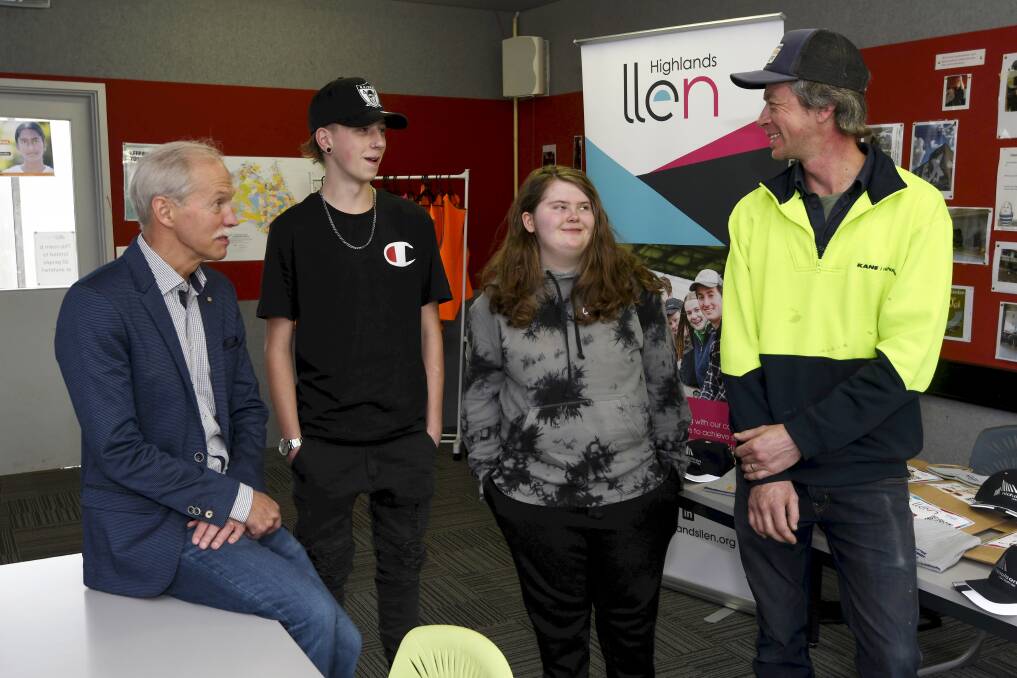 CONNECTIONS: David Rowe from Bond Homes, Year 9 student Kayde, Year 12 student Amelia and James Crocker from Nicholson Construction. Picture: Lachlan Bence 