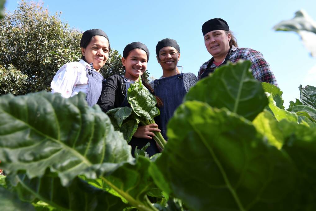 PICKING VEGGIES FRESH: Ballarat Neighbourhood Centre cooking class students Ermalyn Reed, Roselyn Suarez, Santiaga Cabansag pick vegetables with coordinator Kate Gillett to use in their class. They are making samosas for the Asian banquet using produce from the garden. Picture: Lachlan Bence
