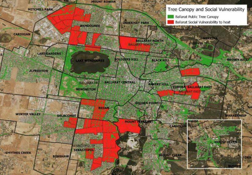 HOT SPOTS: A heat vulnerability map included in the Urban Forest Action Plan. Green areas indicate public tree canopy while red indicate social vulnerability to heat. 