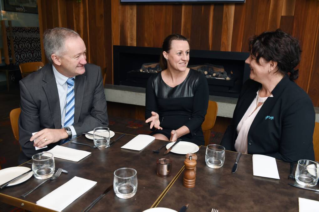 John Fletcher (Regional Manager - Department of Jobs and Small Business), Melanie Robertson (CEO, Committee for Ballarat) and Mandy Macdonald (CEO of BGT) at a Committee for Ballarat breakfast on skills shortages. Picture: Kate Healy 