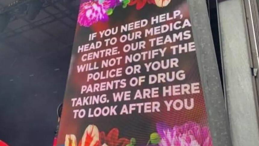 Drug warnings displayed at Falls Festival in Lorne on Sunday. 