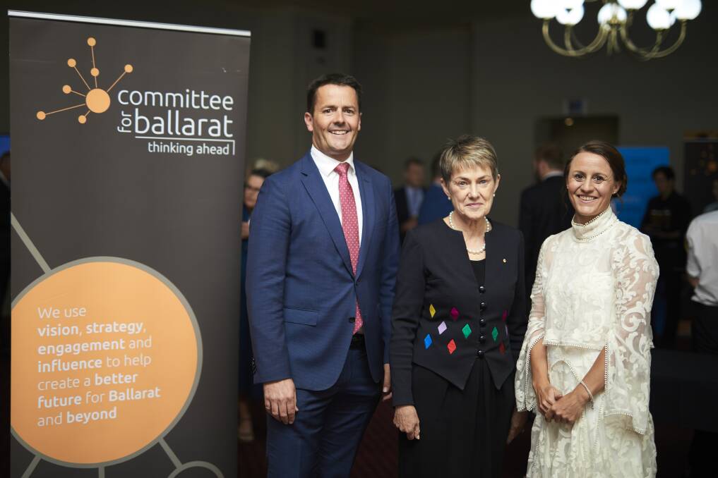 Rod Walton, Elizabeth Proust AO and Melanie Robertson at the first Committee for Ballarat dinner for 2018. Picture: Luka Kauzlaric 