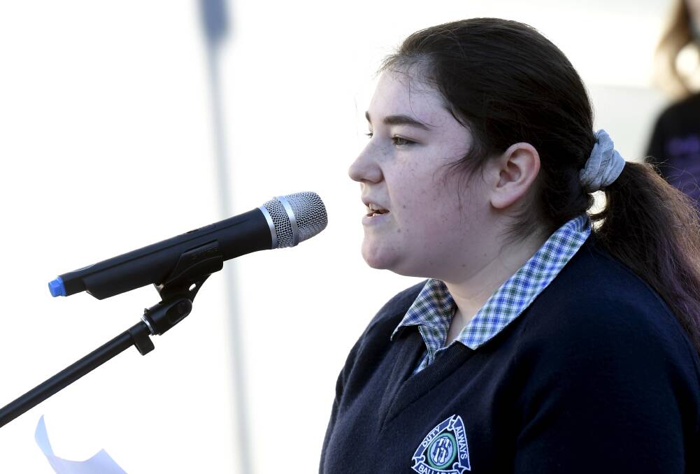 Ballarat High School student Harper Fitzpatrick speaking at Alfred Deakin Place. 