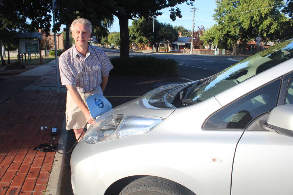 CHARGE UP: Jason Panosh and his electric car at the site where the Buninyong Sustainability group is pushing for a charging station in Buninyong. Picture: Rochelle Kirkham 