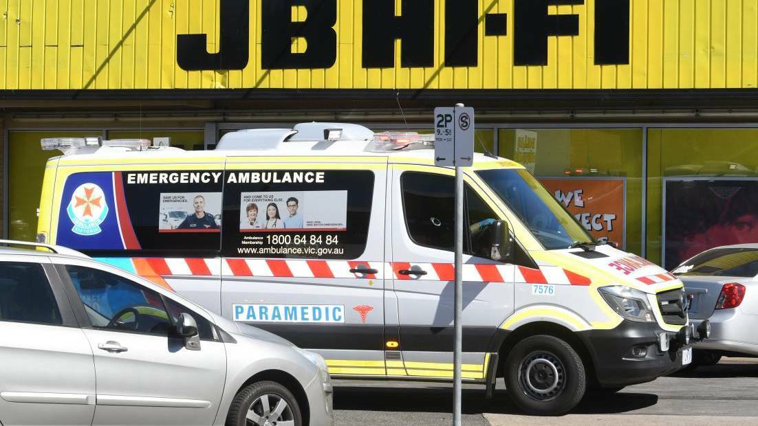  INCIDENT: Paramedics attend Ballarat JB Hi-Fi in February after an alleged stabbing. Picture: Lachlan Bence
