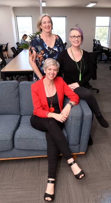 CONNECTIONS: High Profit Media founder Nicole Ashby, Platypus Coworking founder Sam Davies and Troop Employment founder Belinda Eden. Picture: Lachlan Bence 