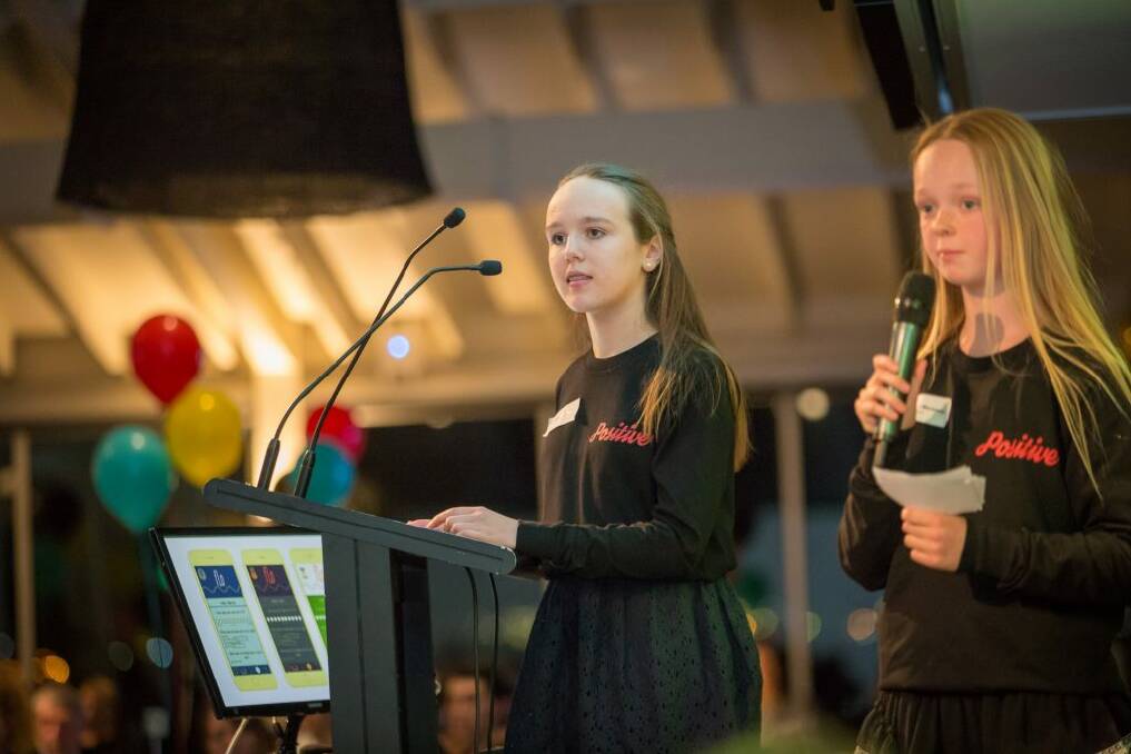 PITCHING: Past participants of the Upstart Challenge in Geelong Ella and Scarlett pitched their idea of an app to help teenagers who suffer from mental health issues. Picture: supplied
