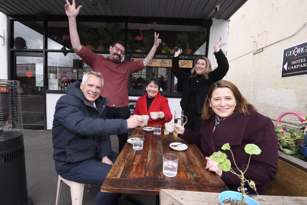 LOOKING FORWARD: Pancho owners Jose Fernandez and Simone Baur-Schmid, Committee for Ballarat chief executive Michael Poulton and state MPs Michaela Settle and Juliana Addison celebrate the re-opening of dining. Picture: Lachlan Bence 