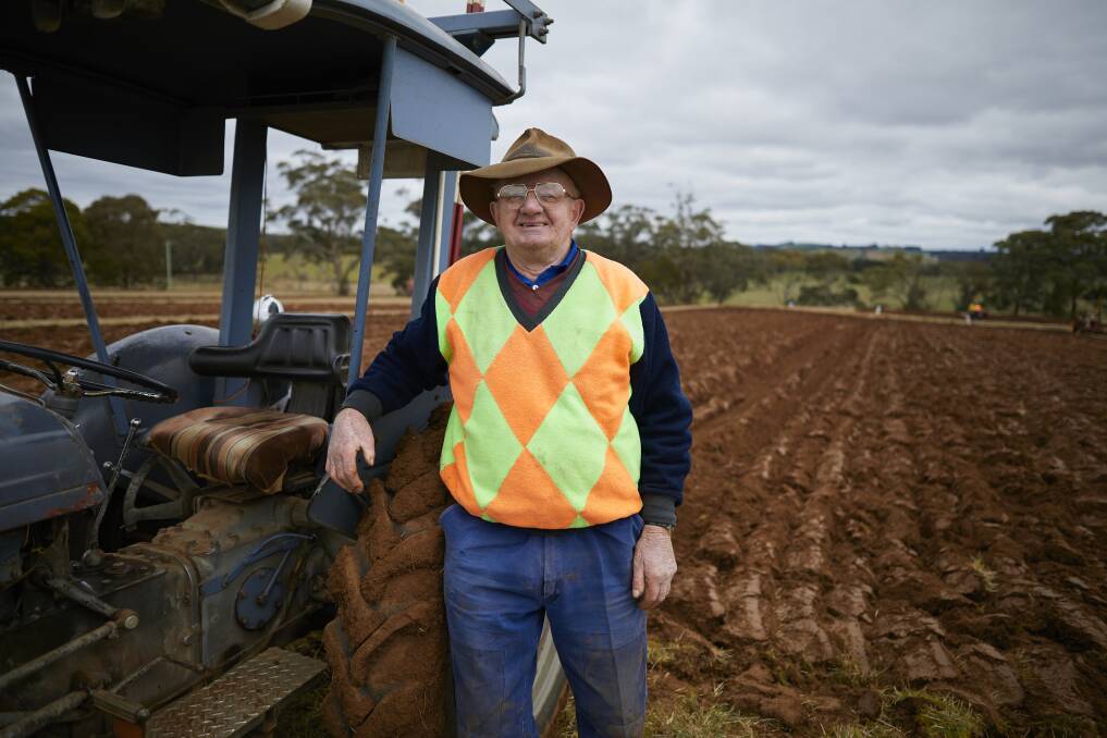 Retired farmer Jack Cooper competes at the Rocklyn Ploughing Competition. Picture: Luka Kauzlaric. 