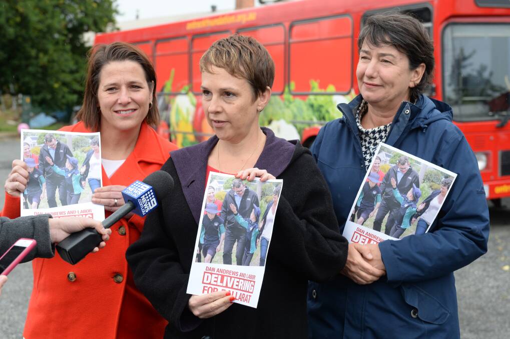FUNDING: Former Victorian Regional Development Minister Jaala Pulford with Labor politicians Juliana Addison (Wendouree) and Michaela Settle (Buninyong) at the announcement of $5 million for Foodbank in November. Picture: Kate Heal